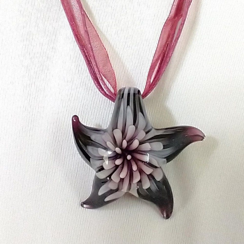 Purple Murano Style Millefiori Glass Starfish Pendant Necklace Pink Art Ribbon